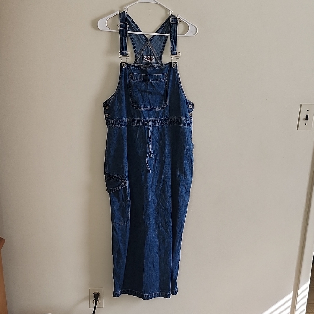 Bill Blass Vintage Blue Denim Overalls Maxi Dress Bib Style Cargo Pockets Large